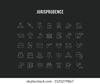 Set of vector line icons of jurisprudence for modern concepts, web and apps.