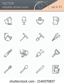 Set of vector line icons of kitchen utensils, cooking tools and equipment isolated on white transparent background. 