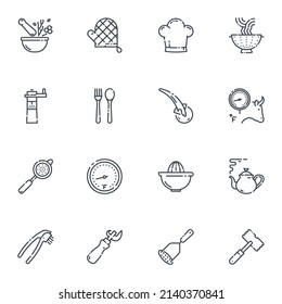 Set of vector line icons of kitchen utensils, cooking tools and equipment isolated on white transparent background. 