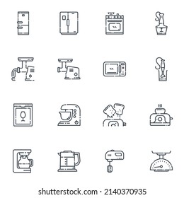 Set of vector line icons of kitchen utensils, cooking tools and equipment isolated on white transparent background. 
