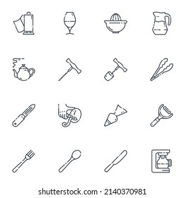 Set of vector line icons of kitchen utensils, cooking tools and equipment isolated on white transparent background. 