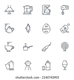 Set of vector line icons of kitchen utensils, cooking tools and equipment isolated on white transparent background. 