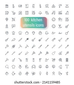 Set of vector line icons of kitchen utensils, cooking tools and equipment isolated on white transparent background. 