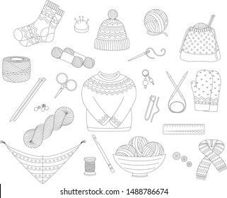Set of vector line icons for knitting and crochet (yarn, needles, socks, sweater, hat, shawl, project bag, scissors, linear, markers, hook and other DIY tools)