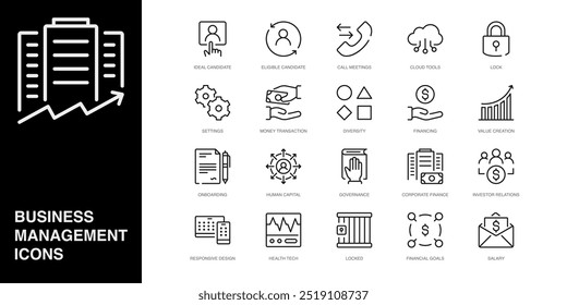 Conjunto de iconos de línea de Vector para bloqueado, objetivos financieros, salario y más. Colección de 20 iconos de esquema de App de gestión empresarial.