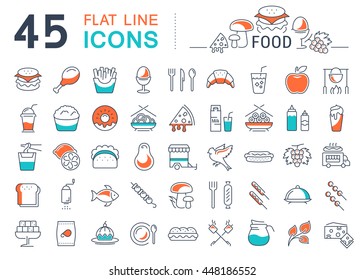 Set vector line icons meal and fast food in flat design with elements for mobile concepts and web. Collection modern infographic logo and pictogram.