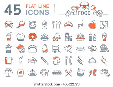 Ajuste los iconos vectoriales de la comida y la comida rápida en diseño plano con elementos para los conceptos móviles y la web. Colección moderna de logotipo y pictograma infográfico.