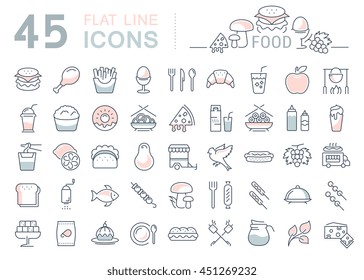 Set vector line icons meal and fast food in flat design with elements for mobile concepts and web. Collection modern infographic logo and pictogram.