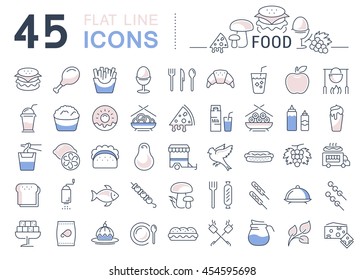 Set vector line icons meal and fast food in flat design with elements for mobile concepts and web. Collection modern infographic logo and pictogram.