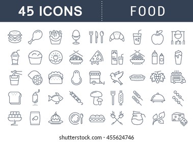 Set vector line icons meal and fast food in flat design with elements for mobile concepts and web. Collection modern infographic logo and pictogram.