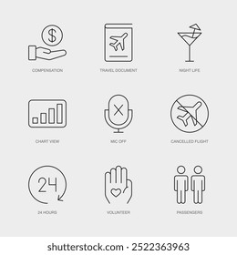 Set of Vector Line Icons for Mic Off, Cancelled Flight, 24 Hours and more. Editable collection of 9 Airline Outline Icons.