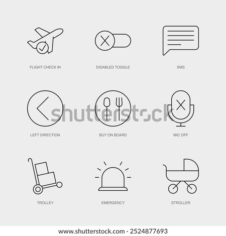 Set of Vector Line Icons for Mic Off, Trolley, Emergency and more. Editable collection of 9 Airline Outline Icons.