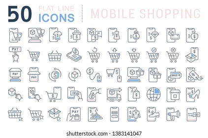 Set of vector line icons of mobile shopping for modern concepts, web and apps.