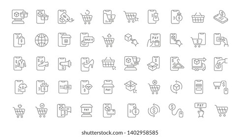 Set of vector line icons of mobile shopping for modern concepts, web and apps.