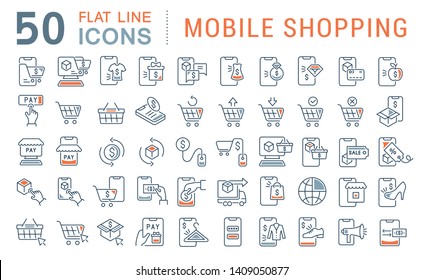 Set of vector line icons of mobile shopping for modern concepts, web and apps.