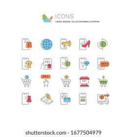 Conjunto de iconos vectoriales de las compras móviles para conceptos modernos, web y aplicaciones.