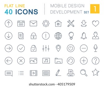 Establecer iconos de línea vectorial diseño móvil y desarrollo en diseño plano con elementos para conceptos móviles y aplicaciones web. Colección moderna de logotipo y pictograma infográfico.