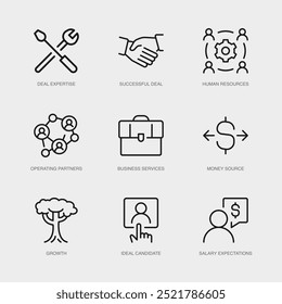 Set of Vector Line Icons for Money Source, Growth, Ideal Candidate and more. Collection of 9 Business Management App Outline Icons.