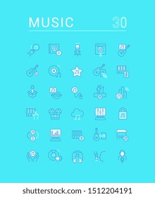 Set of vector line icons of music business with color elements