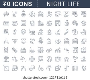 Set of vector line icons of night life for modern concepts, web and apps. Sex communities, attractions, shows, bars, pubs, parties, smoking, dancing, quests, carnivals, computer clubs, music concerts.