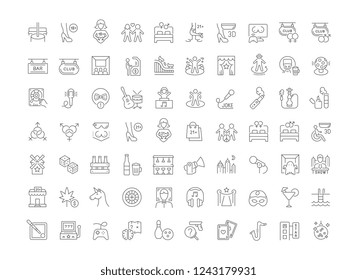 Set of vector line icons of night life for modern concepts, web and apps. Sex communities, attractions, shows, bars, pubs, parties, smoking, dancing, quests, carnivals, computer clubs, music concerts.