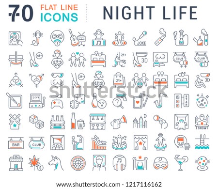 Set of vector line icons of night life for modern concepts, web and apps. Sex communities, attractions, shows, bars, pubs, parties, smoking, dancing, quests, carnivals, computer clubs, music concerts.