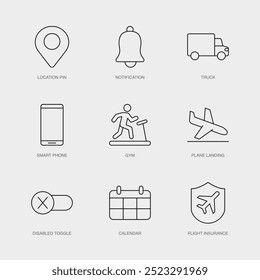 Set von Vektorlinien-Symbolen für Benachrichtigung, LKW, Smartphone und mehr. Editierbare Sammlung von 9 Airline Outline Icons.