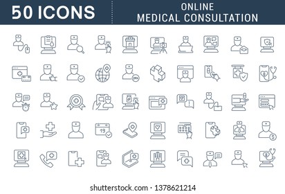 Set of vector line icons of online medical consultation for modern concepts, web and apps.