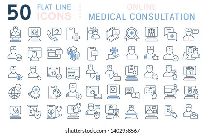 Set of vector line icons of online medical consultation for modern concepts, web and apps.