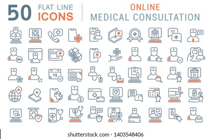 Set of vector line icons of online medical consultation for modern concepts, web and apps.