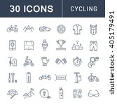 Set vector line icons with open path cycling, bike elements and parts, bicycle sport with elements for mobile concepts and web apps. Collection modern infographic logo and pictogram.