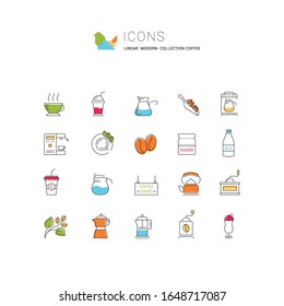 Set vector line icons with open path coffee and coffee shop with elements for mobile concepts and web apps. Collection modern infographic logo and pictogram