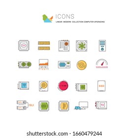 Set vector line icons with open path upgrading computer and hardware, overclocking, cooling, test cpu and gpu with elements for mobile concepts and web apps. Collection modern infographic logo