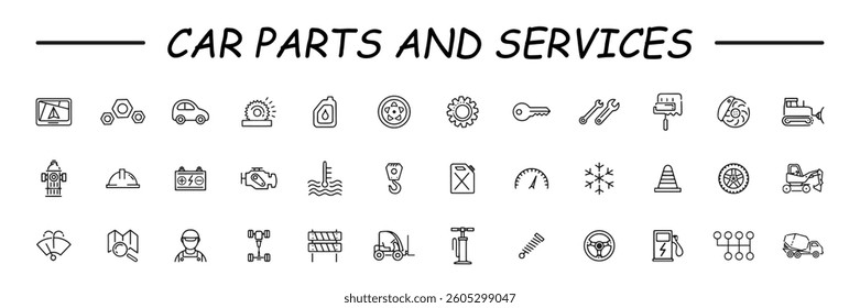 Set vector line icons with open path car service, auto repair and transport with elements for mobile concepts and web apps. Collection modern infographic logo and pictogram.