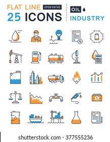 Set vector line icons with open path oil industry, power and energy production, mining minerals with elements for mobile concepts and web apps. Collection modern infographic logo and pictogram