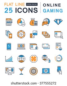 Set vector line icons with open path online gaming, casino, slot machine and slots, mobile gaming with elements for mobile concepts and web apps. Collection modern infographic logo and pictogram