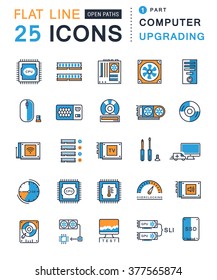 Set vector line icons with open path upgrading computer and hardware, overclocking, cooling, test cpu and gpu with elements for mobile concepts and web apps. Collection modern infographic logo