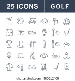 Set vector line icons with open path game golf and golf equipments with elements for mobile concepts and web apps. Collection modern infographic logo and pictogram.