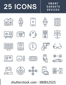 Set vector line icons with open path smart device and gadgets, smart, home, car drones and other device with elements for mobile concepts and web apps. Collection modern infographic logo and pictogram