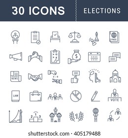 Defina ícones de linha vetorial com votação de caminho aberto e eleições. Símbolo de política de coleção com elementos para conceitos móveis e aplicativos web. Coleção moderna logotipo infográfico e pictograma.