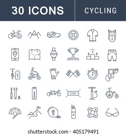 Set vector line icons with open path cycling, bike elements and parts, bicycle sport with elements for mobile concepts and web apps. Collection modern infographic logo and pictogram.