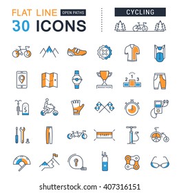 Set vector line icons with open path cycling, bike elements and parts, bicycle sport with elements for mobile concepts and web apps. Collection modern infographic logo and pictogram.