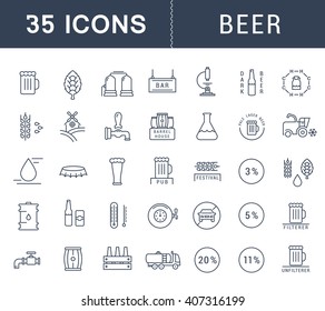 Set vector line icons with open path beer, bottle, glass, mug and pub logo with elements for mobile concepts and web apps. Collection modern infographic logo and pictogram.