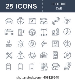 Set vector line icons with open path electric cars and eco transport with elements for mobile concepts and web apps. Collection modern infographic logo and pictogram