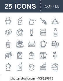 Set vector line icons with open path coffee and coffee shop with elements for mobile concepts and web apps. Collection modern infographic logo and pictogram