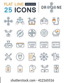 Set vector line icons with open path drones and flying gadgets with elements for mobile concepts and web apps. Collection modern infographic logo and pictogram