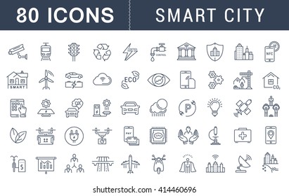 Set vector line icons with open path smart sity and technology with elements for mobile concepts and web apps. Collection modern infographic logo and pictogram.