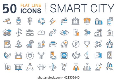 Set vector line icons with open path smart sity and technology with elements for mobile concepts and web apps. Collection modern infographic logo and pictogram.