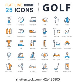 Set vector line icons with open path game golf and golf equipments with elements for mobile concepts and web apps. Collection modern infographic logo and pictogram.