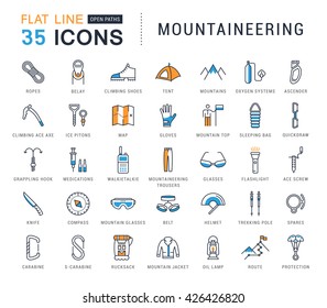 Set vector line icons with open path mountaineering and hiking with elements for mobile concepts and web apps. Collection modern infographic logo and pictogram.